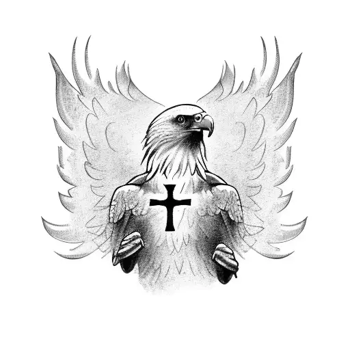 An eagle with its wings spread wide, holding an orthodox cross in its talons tattoo design idea