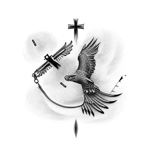 A cross adorned with fishing lures and an eagle in flight tattoo design idea