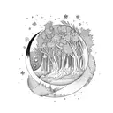 A mystical forest scene with a crescent moon and stars shining through the trees tattoo design idea