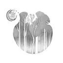 A mystical forest scene with a crescent moon and stars shining through the trees tattoo design idea