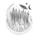 A mystical forest scene with a crescent moon and stars shining through the trees tattoo design idea