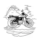 minimal mountain and waves ,need a royal enfield himalayan bike minimal sketch  in the middle of mountains and waves tattoo design idea