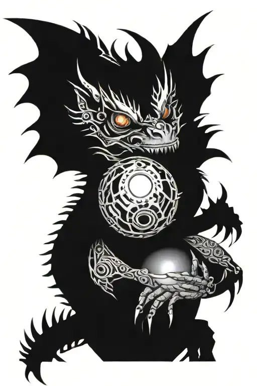 Tattoo of a cyborg dragon looking to the right, one cybernetic eye, holding a sphere in his hands, the colors of the entire tattoo are black, tattoo design idea