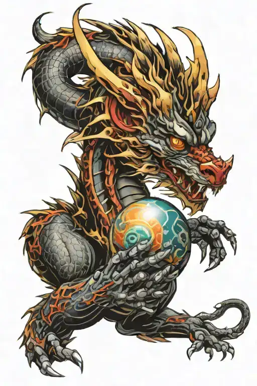 Tattoo of a cyborg dragon looking to the right, one cybernetic eye, holding a sphere in his hands, the colors of the entire tattoo are black, tattoo design idea