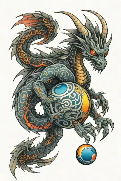 Tattoo of a cyborg dragon looking to the right, one cybernetic eye, holding a sphere in his hands, the colors of the entire tattoo are black, tattoo design idea