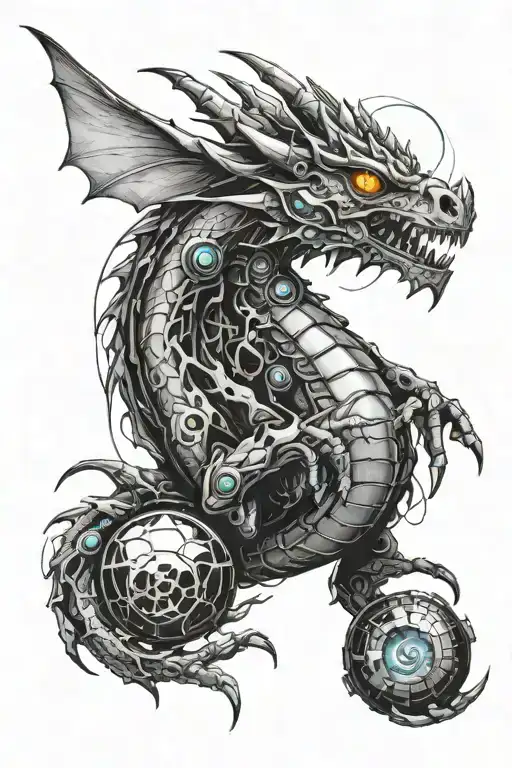 Tattoo of a cyborg dragon looking to the right, one cybernetic eye, holding a sphere in his hands, the colors of the entire tattoo are black, tattoo design idea