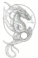 Tattoo of a cyborg dragon looking to the right, one cybernetic eye, holding a sphere in his hands, the colors of the entire tattoo are black, tattoo design idea