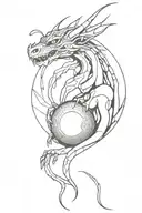 Tattoo of a cyborg dragon looking to the right, one cybernetic eye, holding a sphere in his hands, the colors of the entire tattoo are black, tattoo design idea