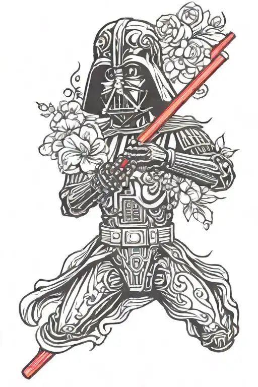 star wars, darth vader and his red lightsaber, music notes treble clef, peony and top and bottom, all monochrome tattoo design idea