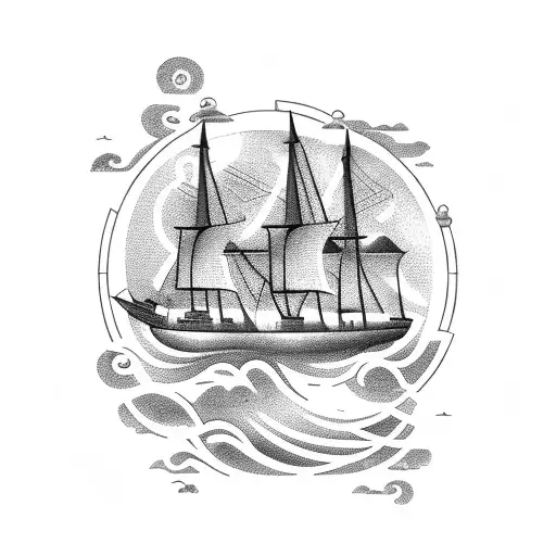 A ship pilot steering a ship with musical notes as waves tattoo design idea