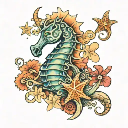 sea horse with shells and star fish nearby  tattoo design idea