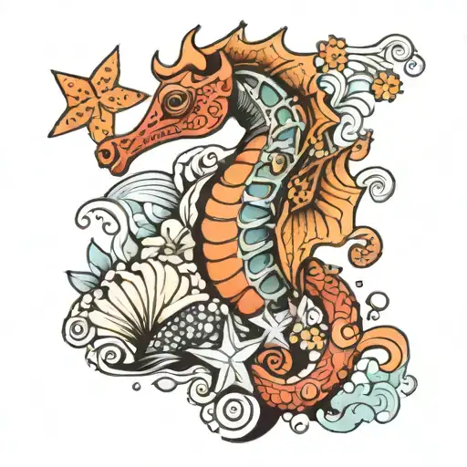femine sea horse with shells and star fish nearby  tattoo design idea