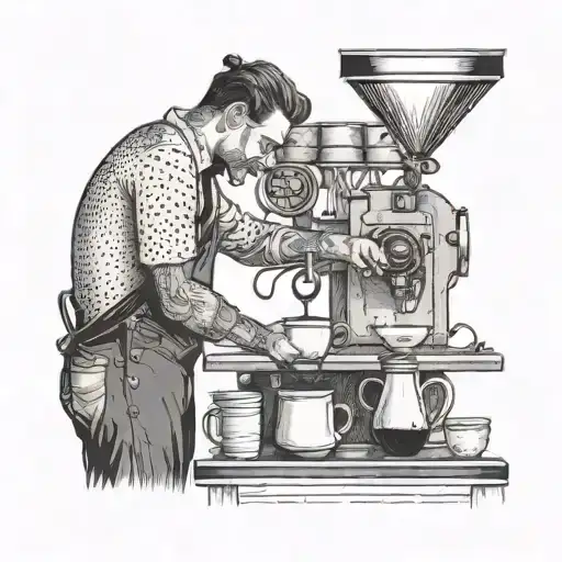 A barista brewing coffee in a surreal art studio setting tattoo design idea