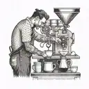A barista brewing coffee in a surreal art studio setting tattoo design idea