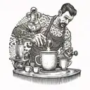 A barista brewing coffee in a surreal art studio setting tattoo design idea