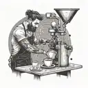 A barista brewing coffee in a surreal art studio setting tattoo design idea
