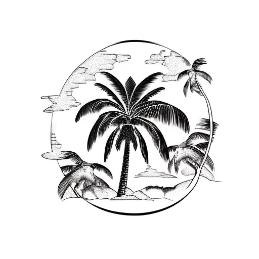 palm tree, plane and surfboard tattoo design idea