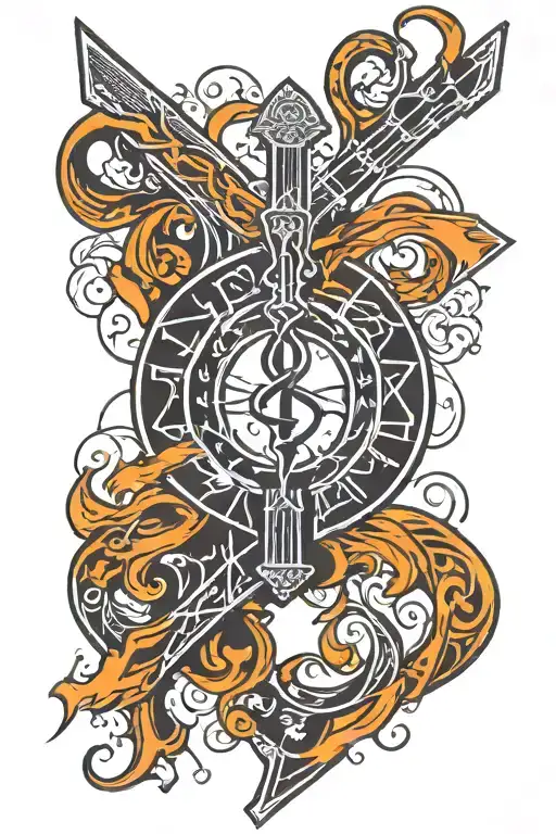 black lightning that blends into infinity sign that blends into cross then into a guitar tattoo design idea