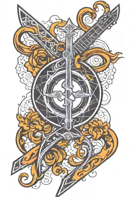 black lightning that blends into infinity sign that blends into cross then into a guitar tattoo design idea