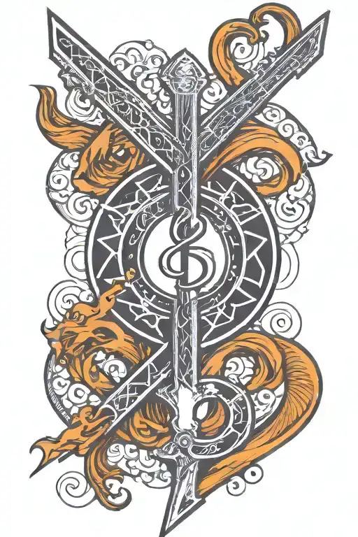 black lightning that blends into infinity sign that blends into cross then into a guitar tattoo design idea