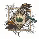 Enter Shikari Logo, surrounded by trees, framed in a square tattoo design idea
