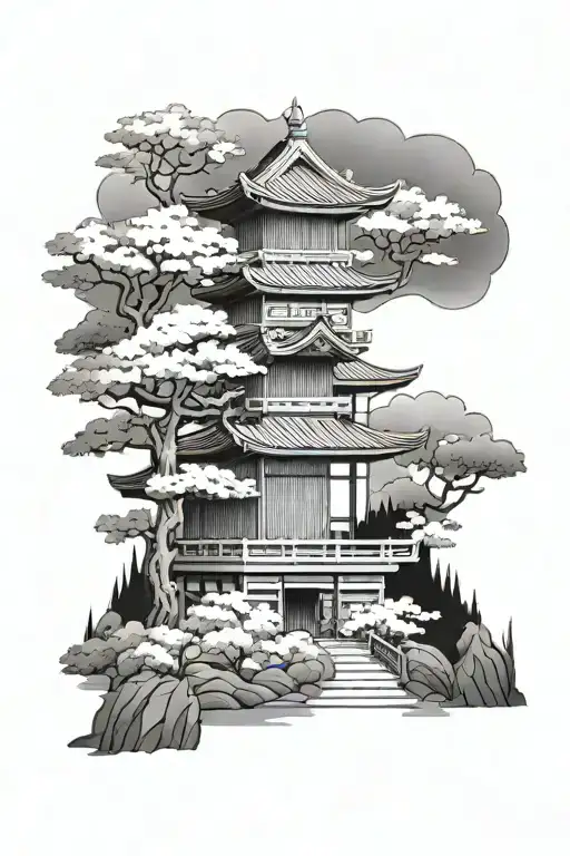 traditional japanese building with a nature scene tattoo design idea