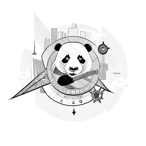 A panda with a compass and the toronto skyline tattoo design idea