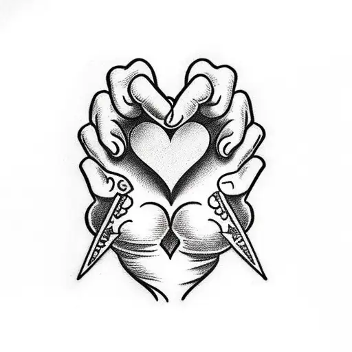 A hand holding a heart with a dagger through it tattoo design idea