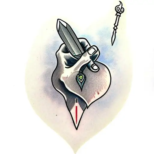 A hand holding a heart with a dagger through it tattoo design idea