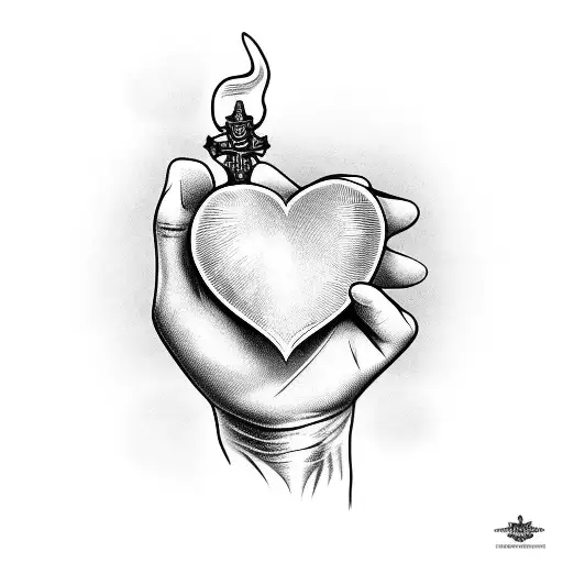A hand holding a heart with a dagger through it tattoo design idea