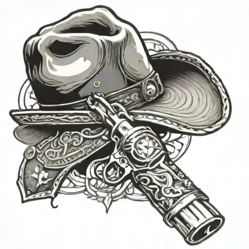  western sleeve black & white with shading  including a bullhead, cowboy boots, cowboy hat, guns, tooling western work,  tattoo design idea