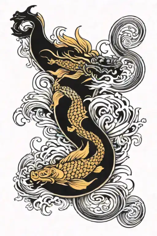 forearm tattoo with vertical waves with koi fish swimming and a dragon swimming crossing eachother into an infinity tattoo design idea
