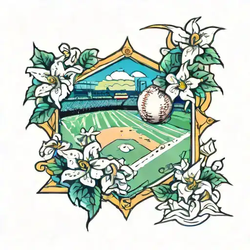 A baseball diamond tattoo with travel landmarks as the bases, surrounded by lilies and holly flowers tattoo design idea