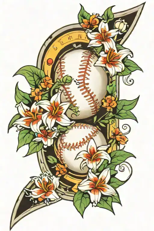 A baseball diamond tattoo with travel landmarks as the bases, surrounded by lilies and holly flowers tattoo design idea