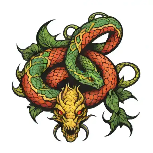 snake wrapped around dragon fine line tattoo tattoo design idea