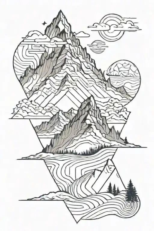A tattoo of a majestic mountain range with a winding hiking trail, incorporating elements of Iceland's stunning landscapes tattoo design idea
