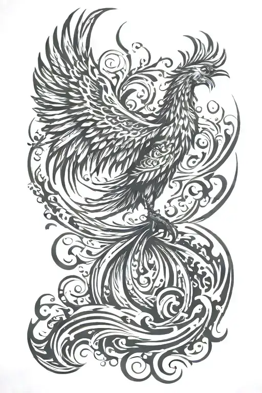 A Phoenix bird rising from the ocean waves with a tribal design tattoo design idea