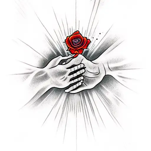 praying hands with two lightnings in between, with a red circle background, and a rose below tattoo design idea