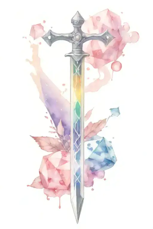 watercolor master sword with polyhedral dice for the blade  tattoo design idea