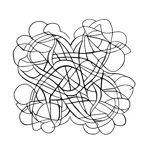 A minimalist line drawing of four interconnected hearts, each heart containing a different symbol inside flower, wave, s tattoo design idea