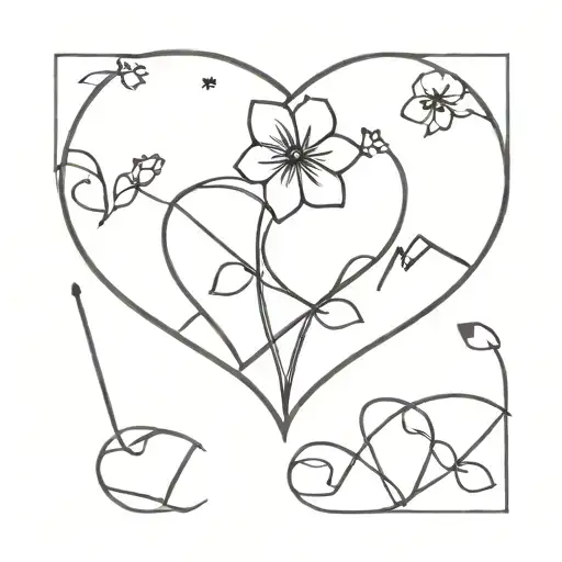 line drawing of four interconnected hearts, each heart containing a flower, wave, star and mountain inside tattoo design idea