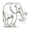 elephant with its trunk raised holding a dandelion with the seeds floating away tattoo design idea