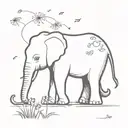 elephant with its trunk raised holding a dandelion with the seeds floating away tattoo design idea
