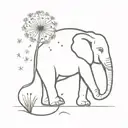 elephant with its trunk raised holding a dandelion with the seeds floating away tattoo design idea