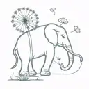 elephant with its trunk raised holding a dandelion with the seeds floating away tattoo design idea