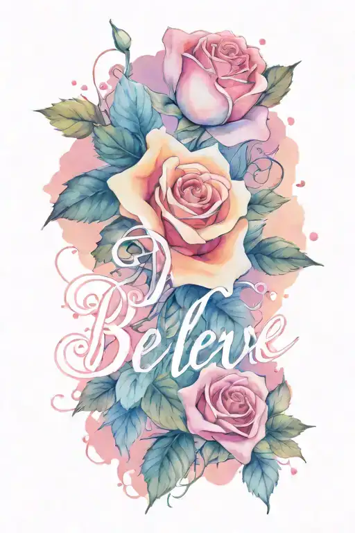 roses intertwined with the word "believe" tattoo font tattoo design idea