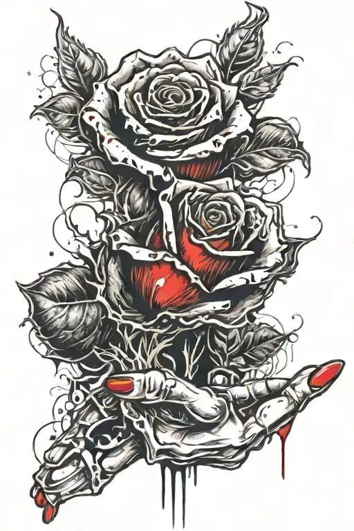 A realistic burning rose with fire reaching the knuckle then switches to exposed bone on all fingers tattoo design idea