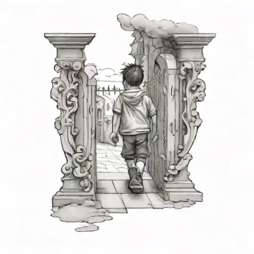 little boy walking to heaven gates tattoo design idea