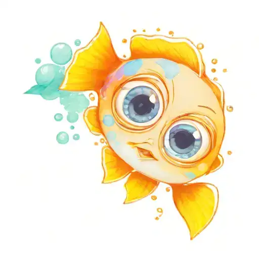 Dory fish from the movie Finding Nemo as a baby, with the phrase keep swimming and bubbles around it, big and cute eyes tattoo design idea