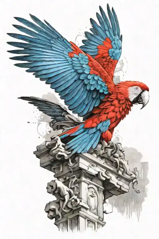 A vibrant Scarlet Macaw soars upward above a crumbling statue, symbolizing freedom overcoming oppression.  tattoo design idea